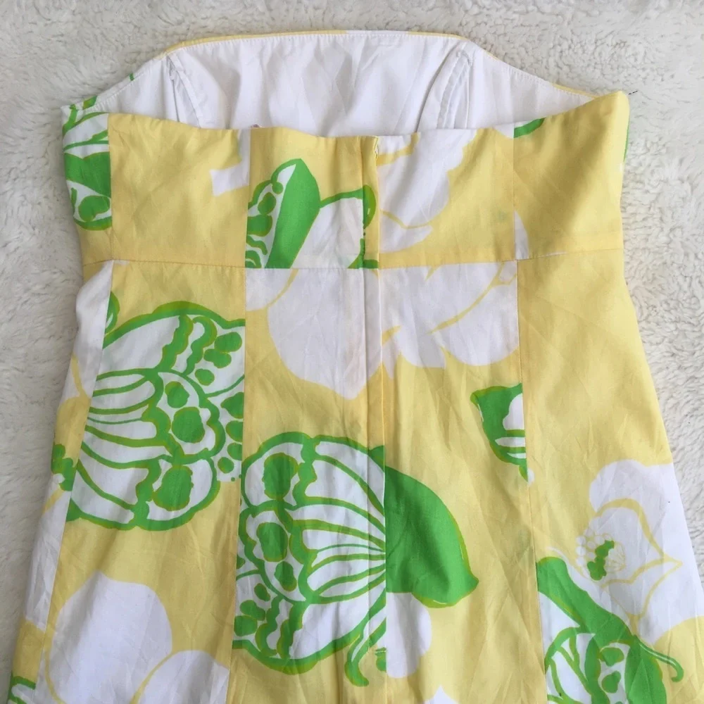 Lilly Pulitzer Yellow Strapless Floral Dress with Green and White Print - Picture 5 of 7
